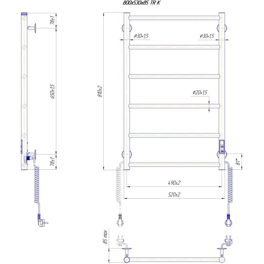 Radiator de baie tip scară CLASSIC, 110 W / 230 V, 81 x 52 cm, inox/alb, racordare pe partea dreaptă