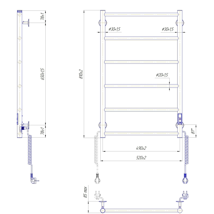 Radiator de baie tip scară CLASSIC, 110W/230V, 81x52 cm, inox/antracit, cu racordare pe partea dreaptă