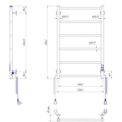 Radiator de baie tip scară CLASSIC, 110W/230V, 81x52 cm, inox/antracit, cu racordare pe partea dreaptă