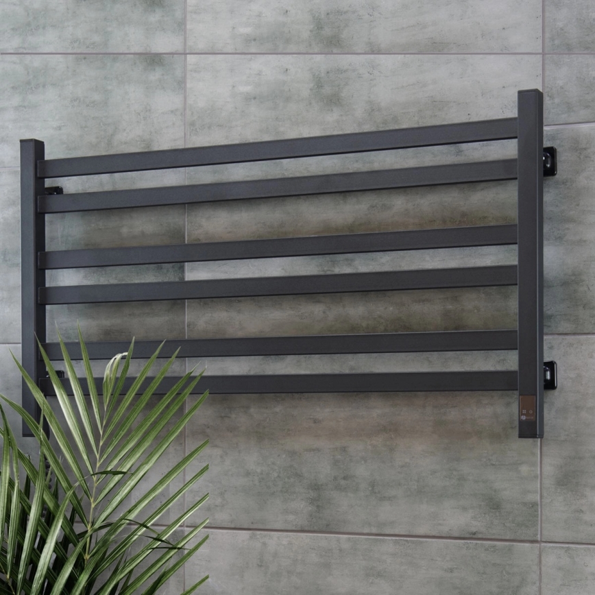 Radiator de baie tip scară cu termostat AVANGARD 316W/230V 50,6 cm IP44 negru, montare pe stânga, cu design dreptunghiular