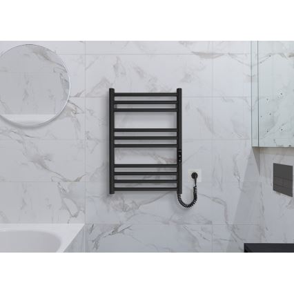 Radiator de baie tip scară HF GREENWICH, 100 W/230 V, 57 x 43 cm, negru, racordare dreapta, rotund