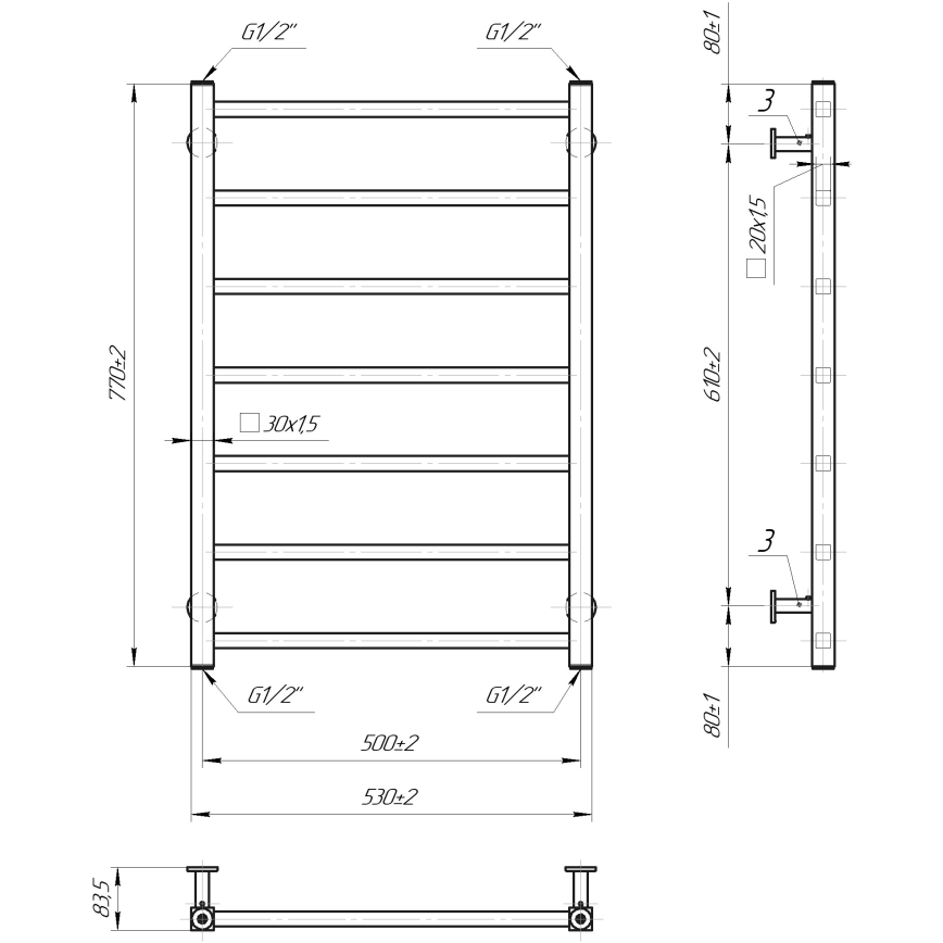 Radiator de baie tip scară INOX TOKIO, 161W/230V, 77x53 cm, inox/negru