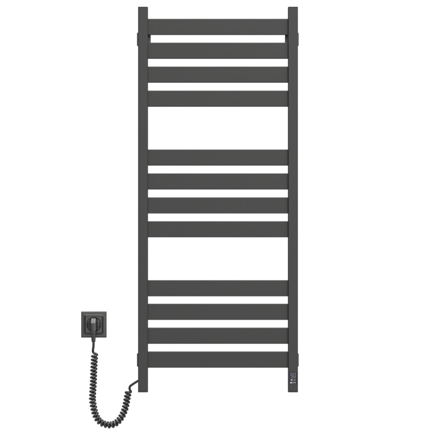 Radiator de baie tip scară cu termostat LARGO 541 W/230 V, 120,6 cm, IP44, negru, cu racordare pe stânga, cu profile drepte