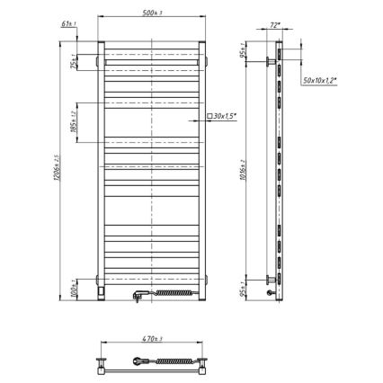 Radiator de baie tip scăriță LARGO, 256 W, 120 x 50 cm, negru, cu termostat, conexiune pe partea dreaptă