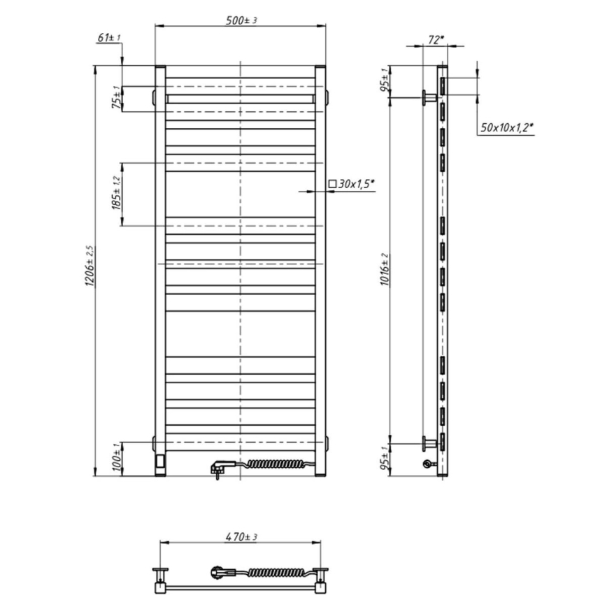 Radiator de baie tip scăriță LARGO, 256 W, 120 x 50 cm, negru, cu termostat, conexiune pe partea dreaptă