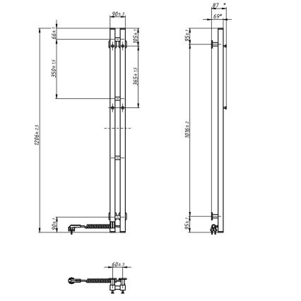 Radiator electric pentru prosoape cu termostat SILOUETTE, 70 W, 120 x 9 cm, negru, versiune dreaptă