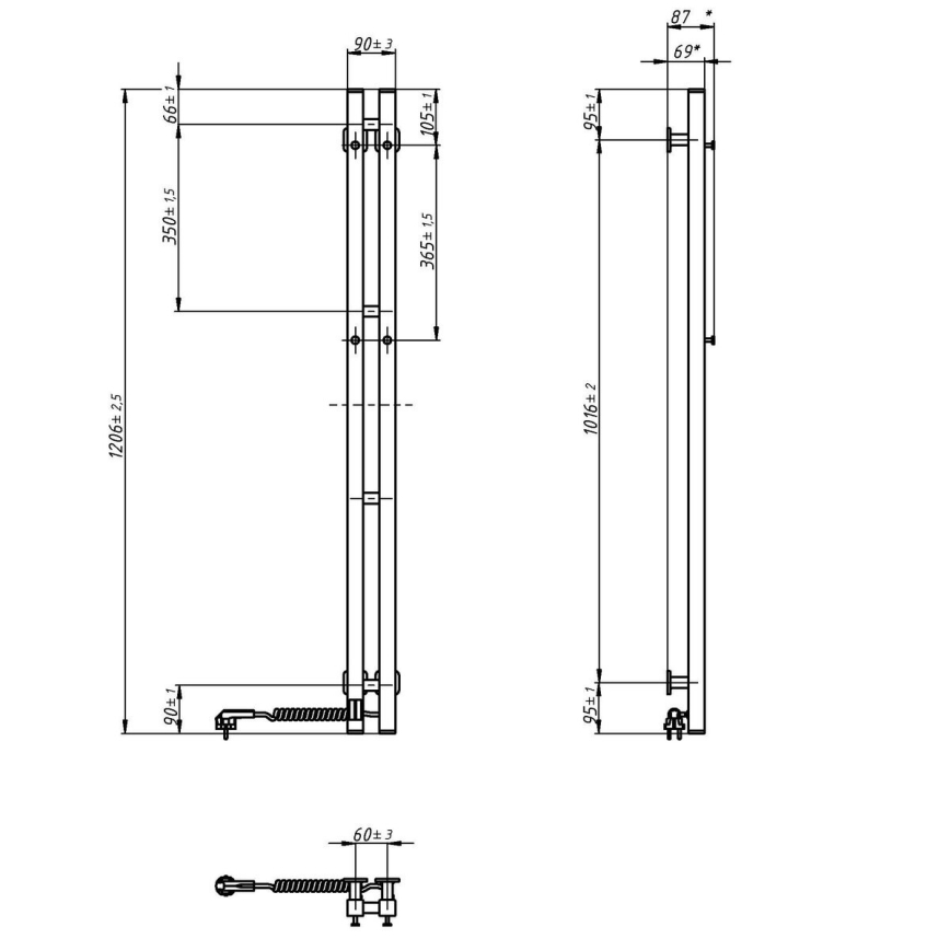Radiator electric pentru prosoape cu termostat SILOUETTE, 70 W, 120 x 9 cm, negru, versiune dreaptă