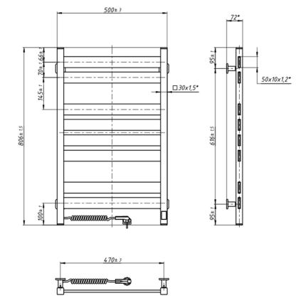 Radiator electric pentru prosoape LARGO cu termostat, 168W, 80x50 cm, negru, montare pe partea stângă