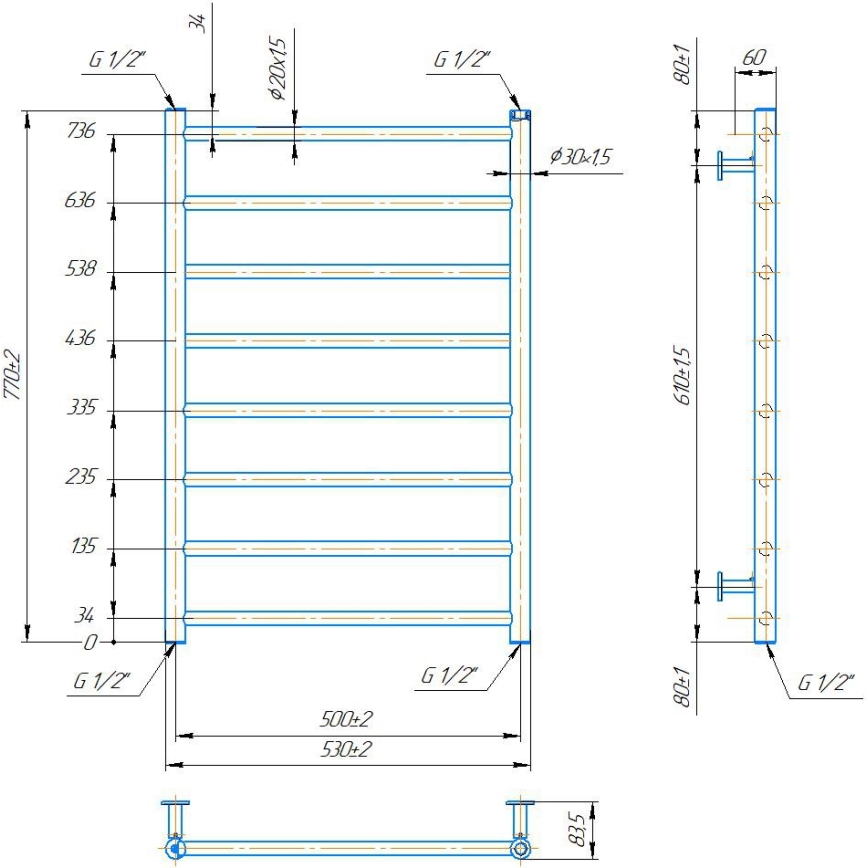 Radiator pentru baie tip scară INOX FLAT, 163 W/230 V, 77 x 53 cm, inox/negru