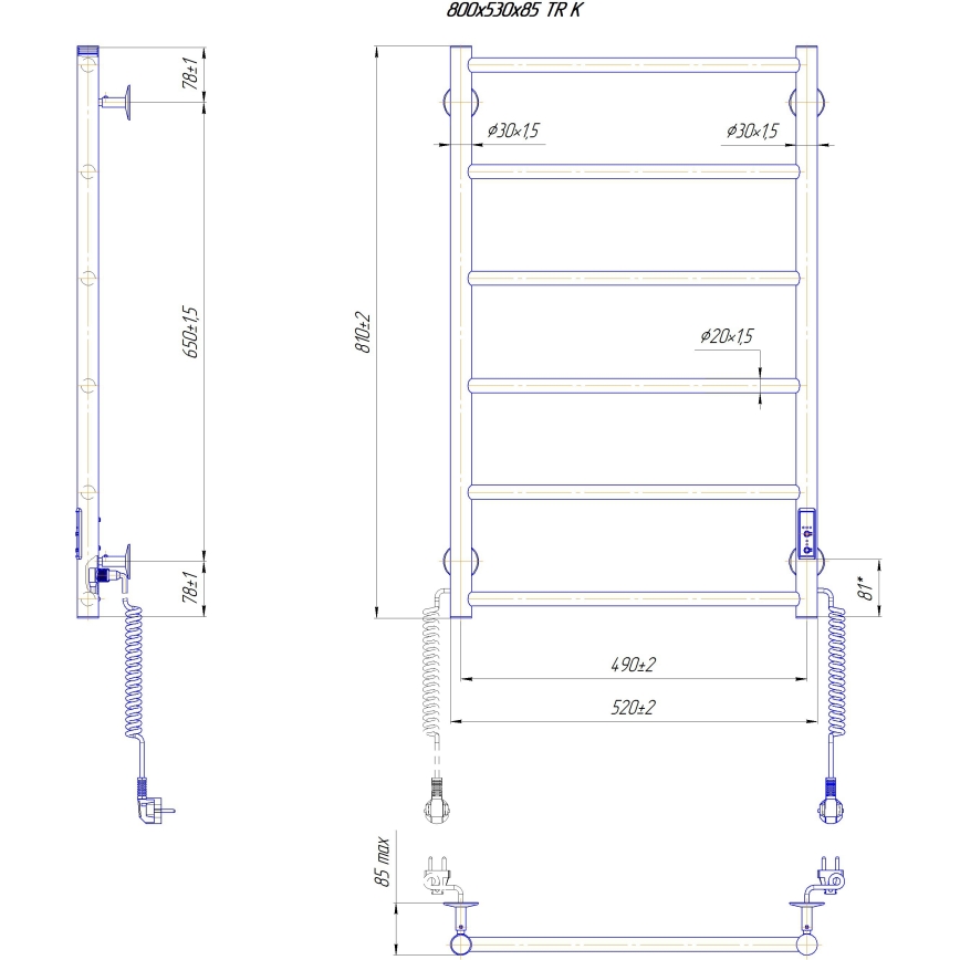 Radiator baie tip scară CLASSIC 110W/230V 81x52 cm oțel inoxidabil/crom lucios dreapta