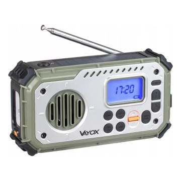 Radio de camping cu manivelă, panou solar și lanternă LED cu funcție de powerbank 5V/3xAAA/2000 mAh IPX4 verde