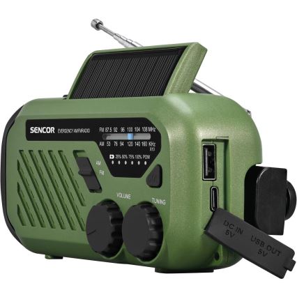 Radio de drumeție cu panou solar și lanternă LED Sencor 5V/2000 mAh IPX4 verde