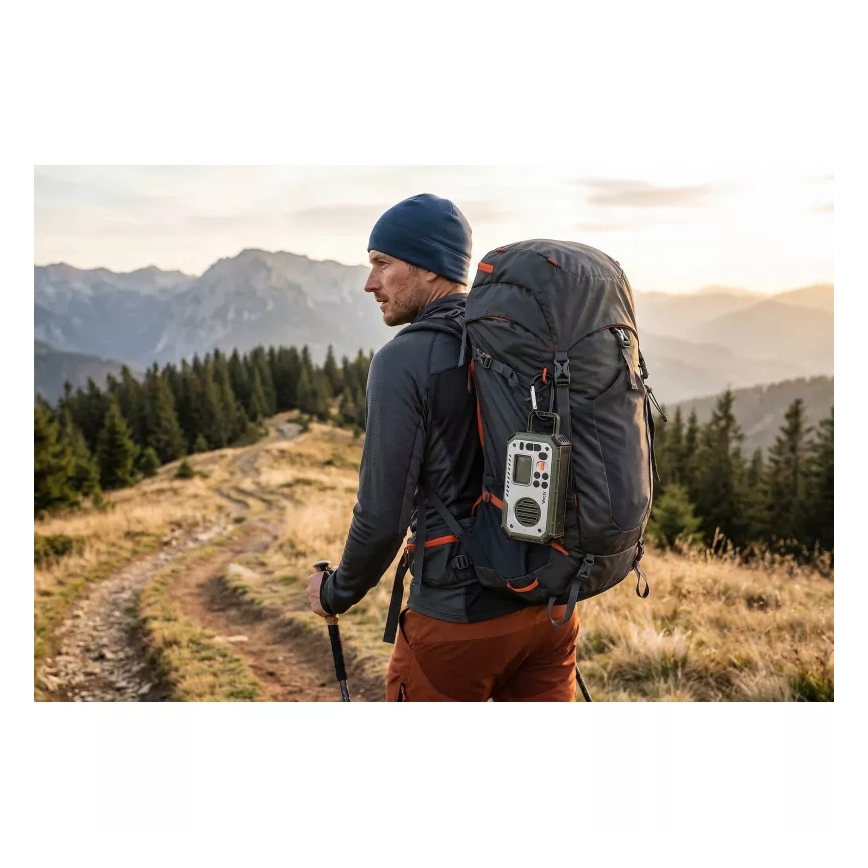 Radio de camping cu manivelă, panou solar și lanternă LED cu funcție de powerbank 5V/3xAAA/2000 mAh IPX4 verde