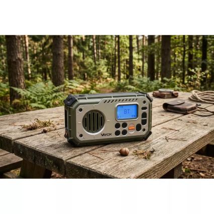 Radio de camping cu manivelă, panou solar și lanternă LED cu funcție de powerbank 5V/3xAAA/2000 mAh IPX4 verde