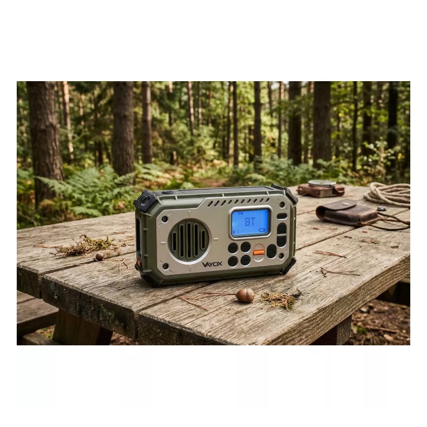 Radio de camping cu manivelă, panou solar și lanternă LED cu funcție de powerbank 5V/3xAAA/2000 mAh IPX4 verde