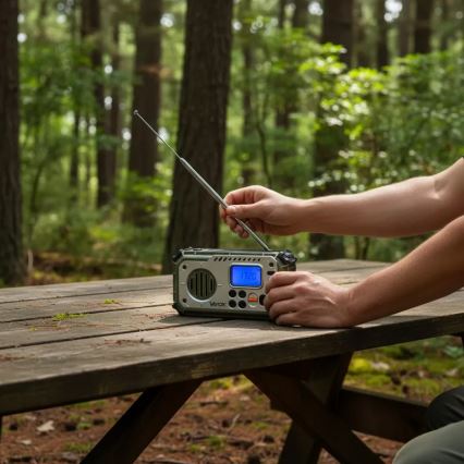 Radio de camping cu manivelă, panou solar și lanternă LED cu funcție de powerbank 5V/3xAAA/2000 mAh IPX4 verde