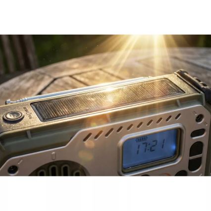 Radio de camping cu manivelă, panou solar și lanternă LED cu funcție de powerbank 5V/3xAAA/2000 mAh IPX4 verde