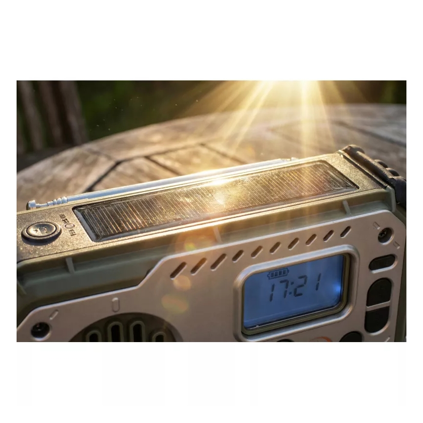 Radio de camping cu manivelă, panou solar și lanternă LED cu funcție de powerbank 5V/3xAAA/2000 mAh IPX4 verde