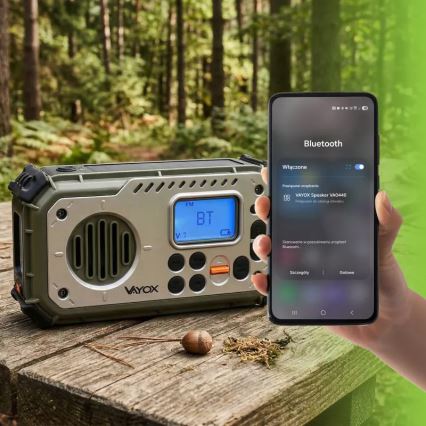Radio de camping cu manivelă, panou solar și lanternă LED cu funcție de powerbank 5V/3xAAA/2000 mAh IPX4 verde