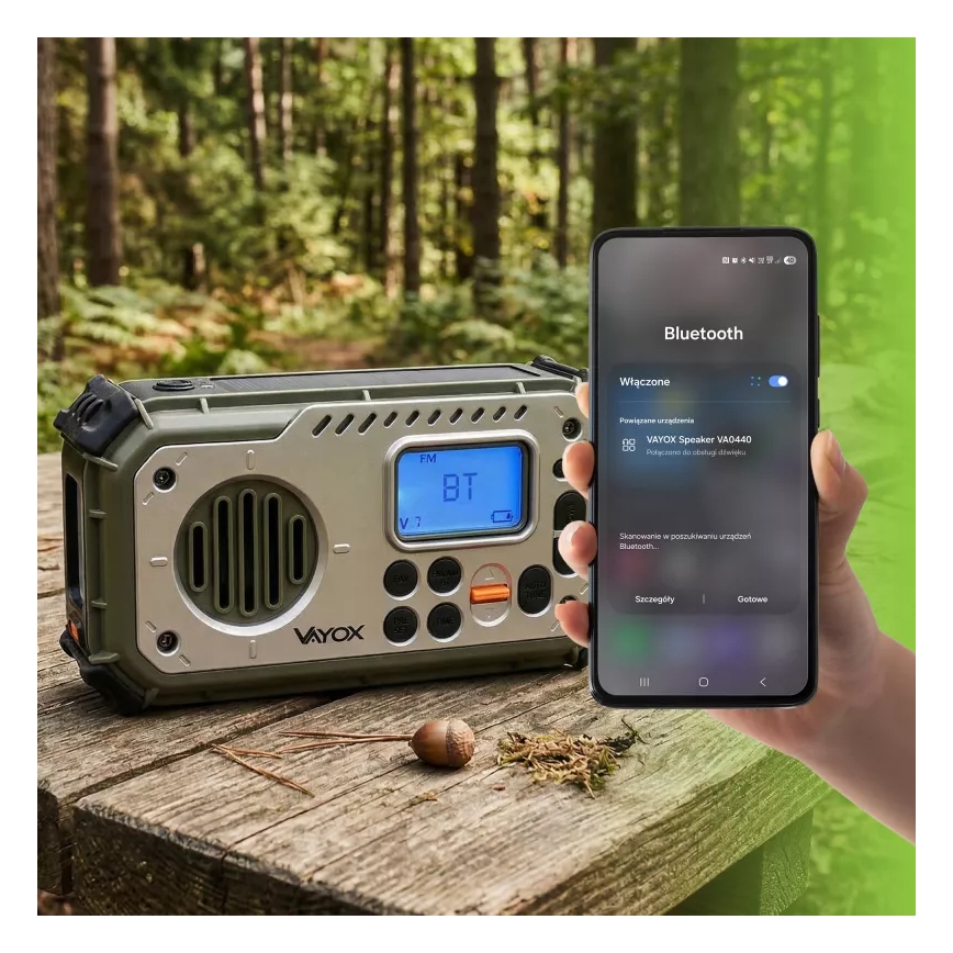 Radio de camping cu manivelă, panou solar și lanternă LED cu funcție de powerbank 5V/3xAAA/2000 mAh IPX4 verde