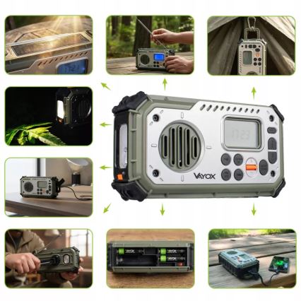 Radio de camping cu manivelă, panou solar și lanternă LED cu funcție de powerbank 5V/3xAAA/2000 mAh IPX4 verde