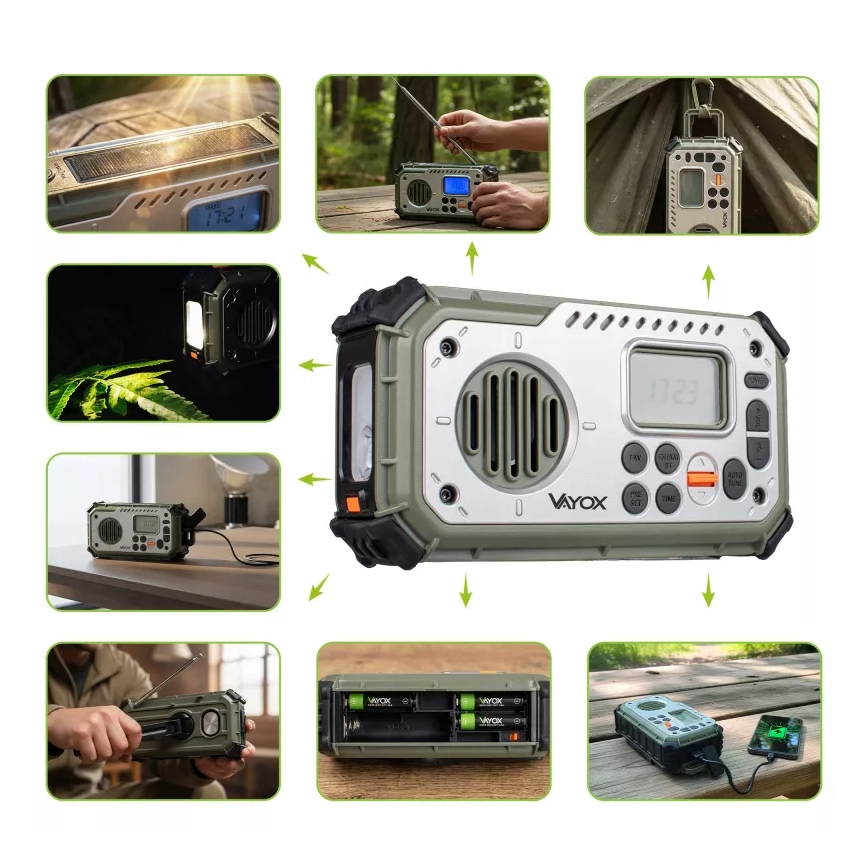 Radio de camping cu manivelă, panou solar și lanternă LED cu funcție de powerbank 5V/3xAAA/2000 mAh IPX4 verde