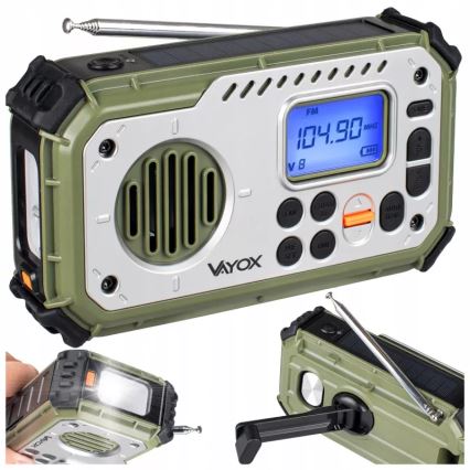 Radio de camping cu manivelă, panou solar și lanternă LED cu funcție de powerbank 5V/3xAAA/2000 mAh IPX4 verde