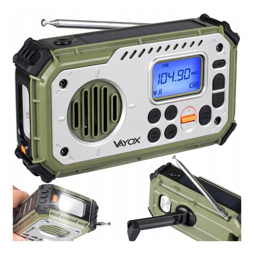 Radio de camping cu manivelă, panou solar și lanternă LED cu funcție de powerbank 5V/3xAAA/2000 mAh IPX4 verde