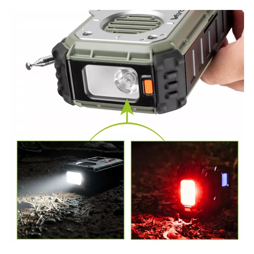 Radio de camping cu manivelă, panou solar și lanternă LED cu funcție de powerbank 5V/3xAAA/2000 mAh IPX4 verde