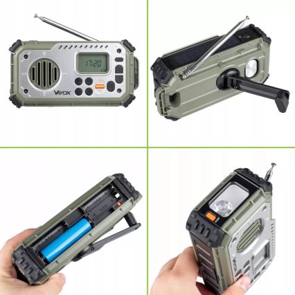 Radio de camping cu manivelă, panou solar și lanternă LED cu funcție de powerbank 5V/3xAAA/2000 mAh IPX4 verde