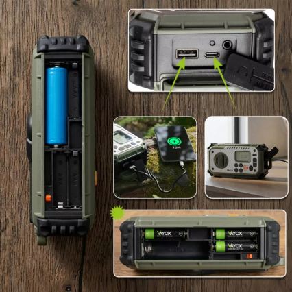 Radio de camping cu manivelă, panou solar și lanternă LED cu funcție de powerbank 5V/3xAAA/2000 mAh IPX4 verde