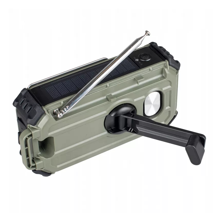 Radio de camping cu manivelă, panou solar și lanternă LED cu funcție de powerbank 5V/3xAAA/2000 mAh IPX4 verde