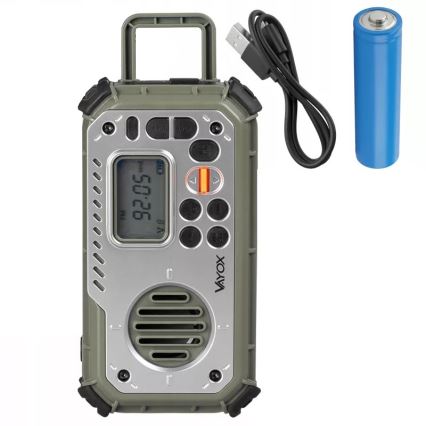 Radio de camping cu manivelă, panou solar și lanternă LED cu funcție de powerbank 5V/3xAAA/2000 mAh IPX4 verde