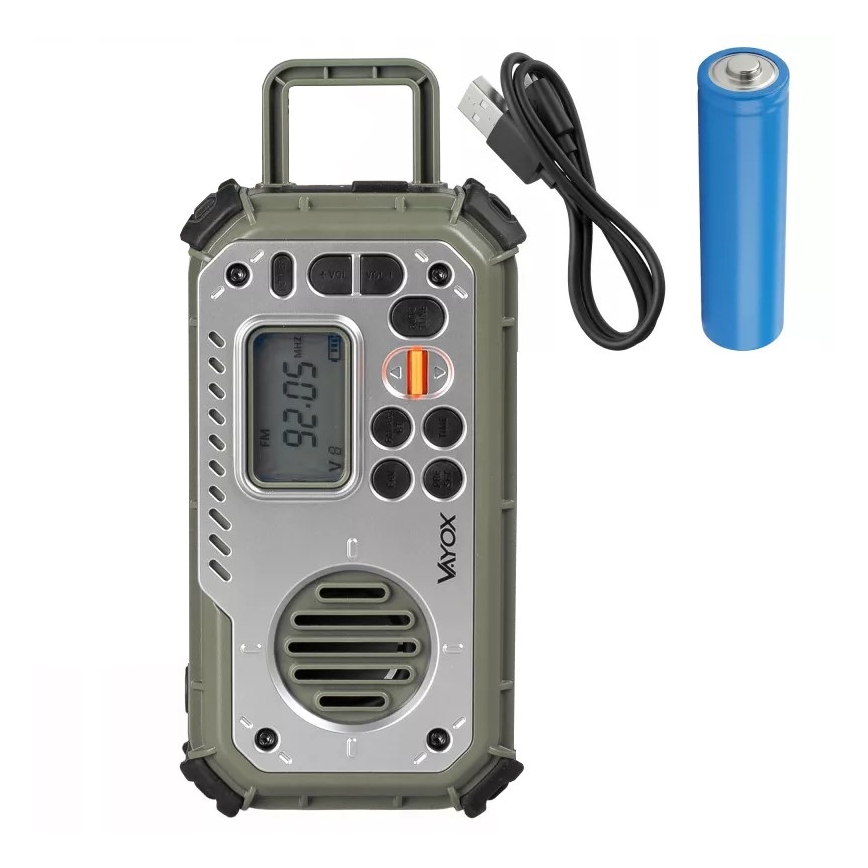 Radio de camping cu manivelă, panou solar și lanternă LED cu funcție de powerbank 5V/3xAAA/2000 mAh IPX4 verde