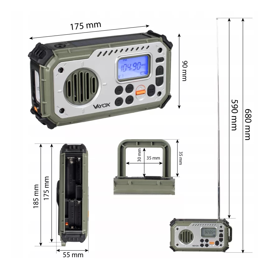 Radio de camping cu manivelă, panou solar și lanternă LED cu funcție de powerbank 5V/3xAAA/2000 mAh IPX4 verde