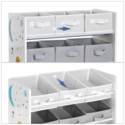 Raft de depozitare pentru copii cu cutii textile ANET albastru/alb