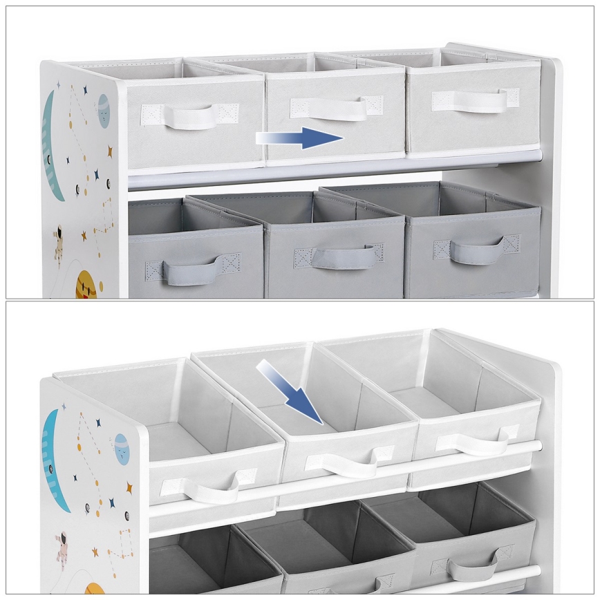 Raft de depozitare pentru copii cu cutii textile ANET albastru/alb