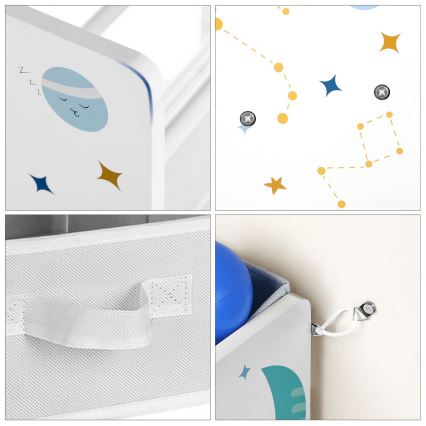 Raft de depozitare pentru copii cu cutii textile ANET albastru/alb