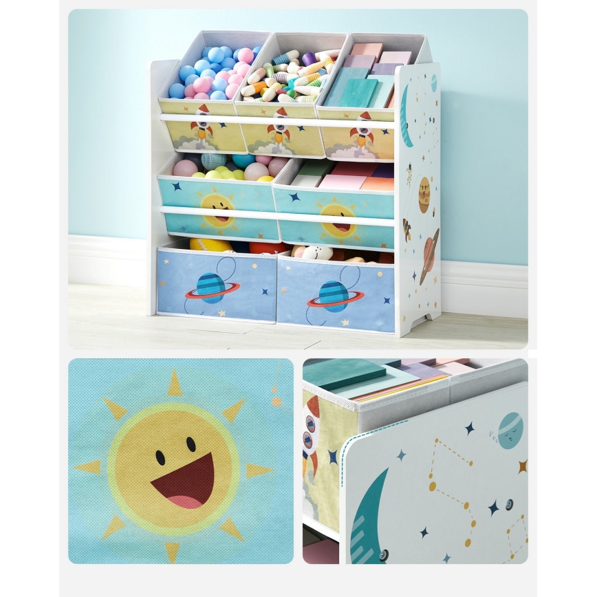 Raft de depozitare pentru copii cu cutii textile ANET albastru/alb