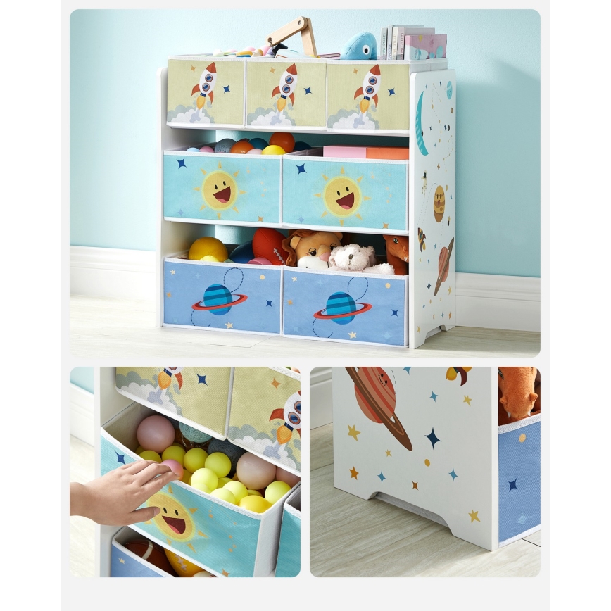 Raft de depozitare pentru copii cu cutii textile ANET albastru/alb