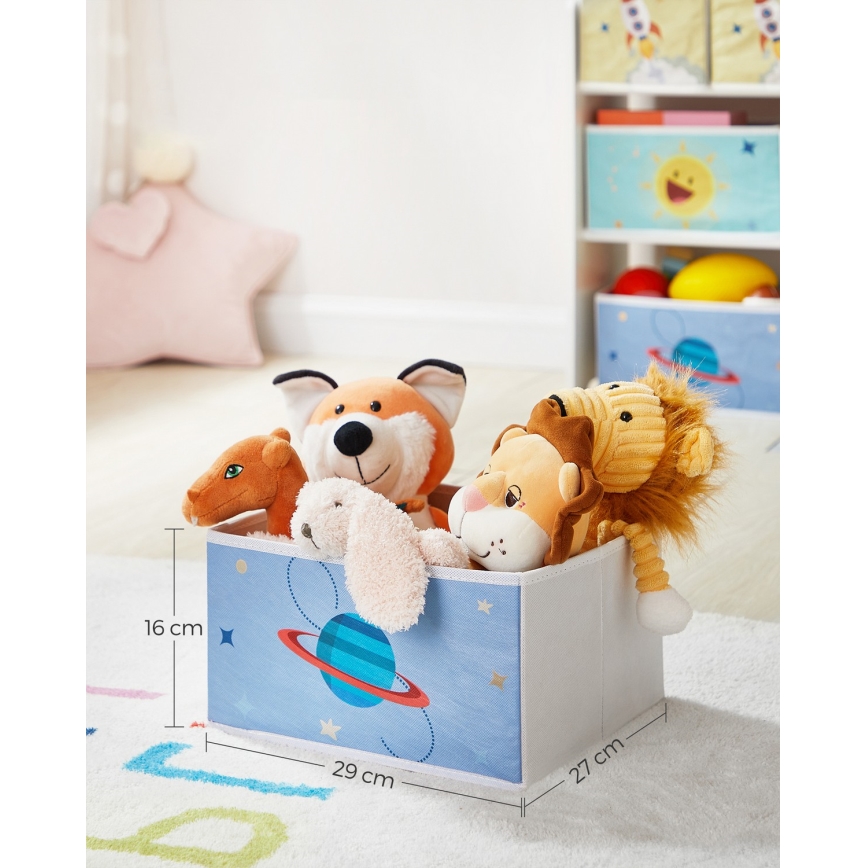 Raft de depozitare pentru copii cu cutii textile ANET albastru/alb