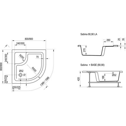 Ravak A217001020 - Cadă de duș în formă de sfert de cerc SABINA 90x90 cm albă