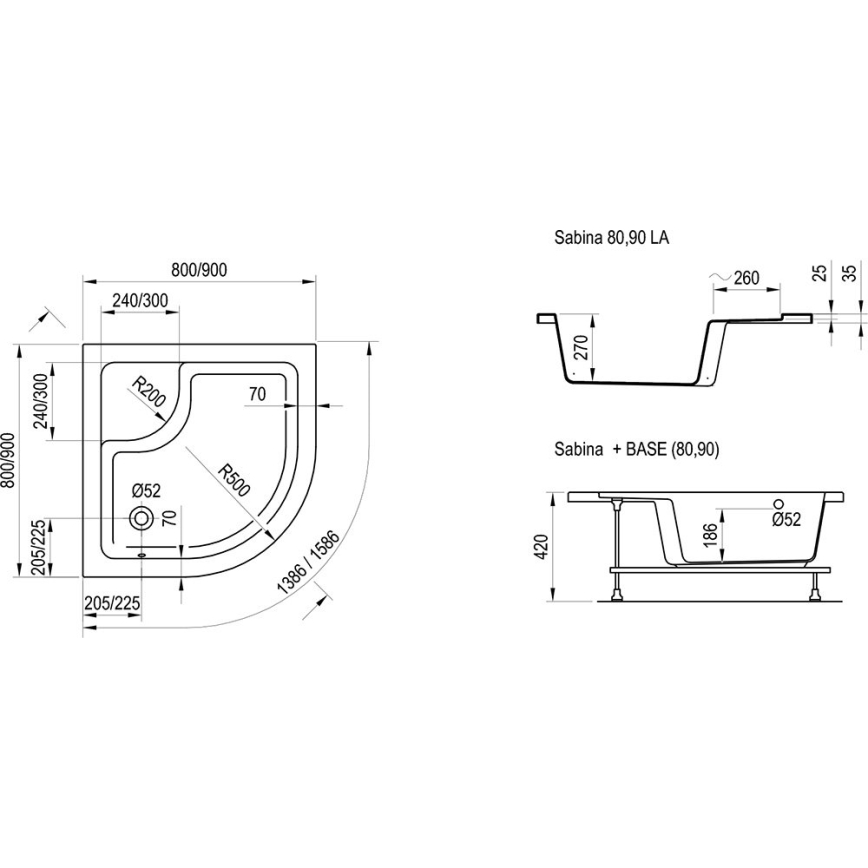 Ravak A217001020 - Cadă de duș în formă de sfert de cerc SABINA 90x90 cm albă