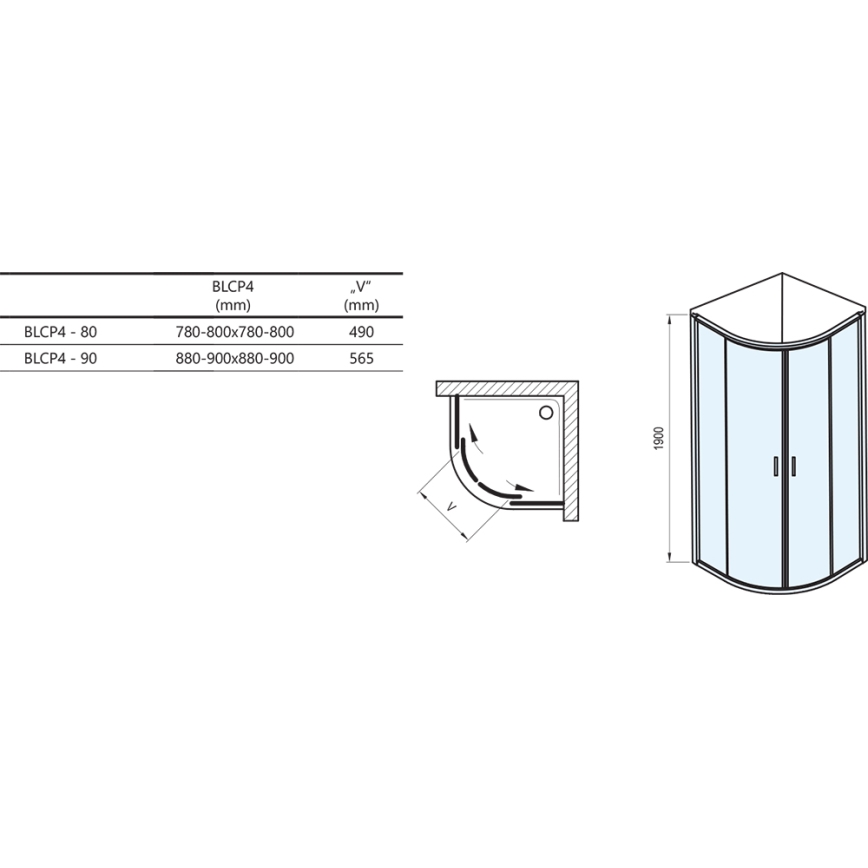 Ravak BLIX 90x90 cm — cabină de duș de sfert de cerc, 4 elemente, albă (3B270100Z1)