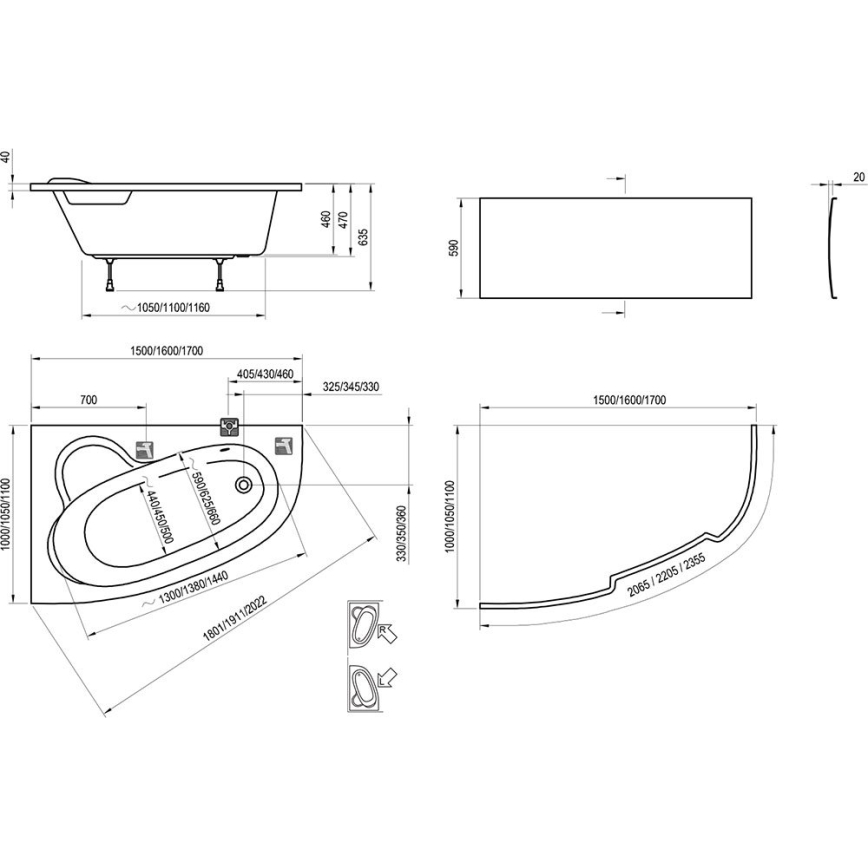 Ravak C491000000 - Cadă de colț ASYMMETRIC 170x110 cm acrilic/albă