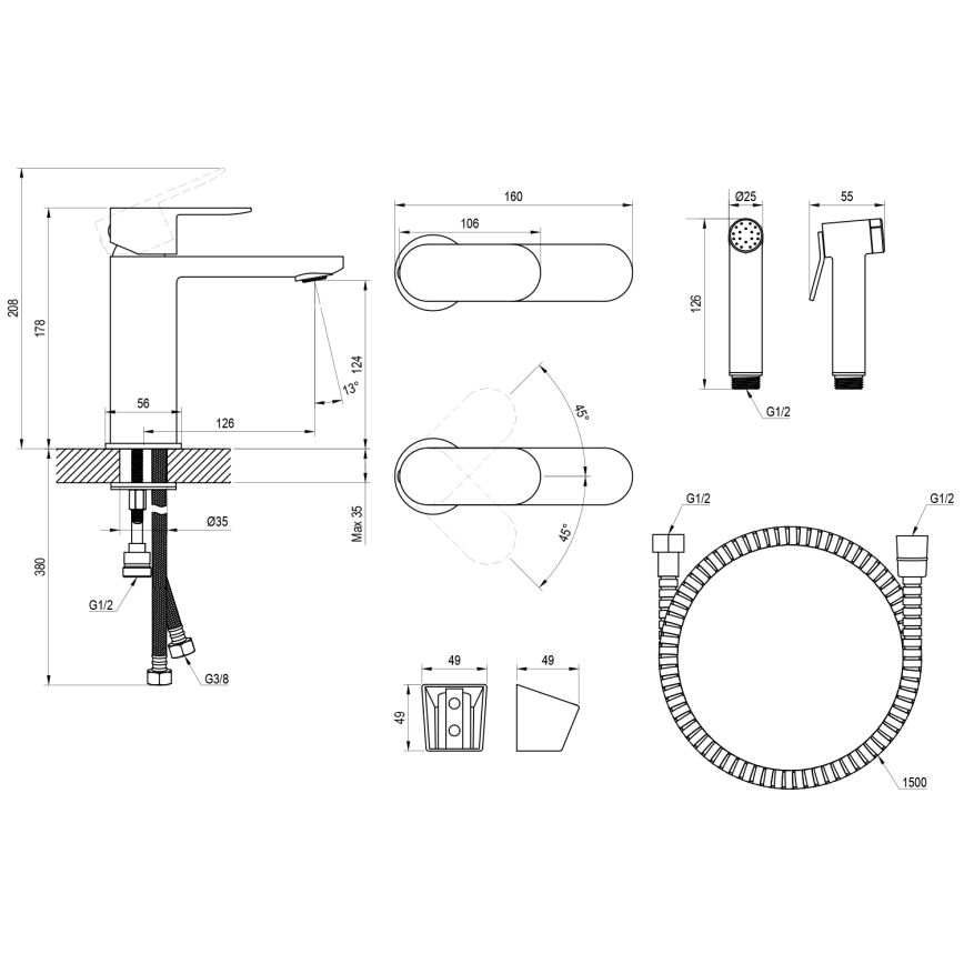 Ravak X070462 - Baterie lavoar cu duș pentru bideu CHROME neagră