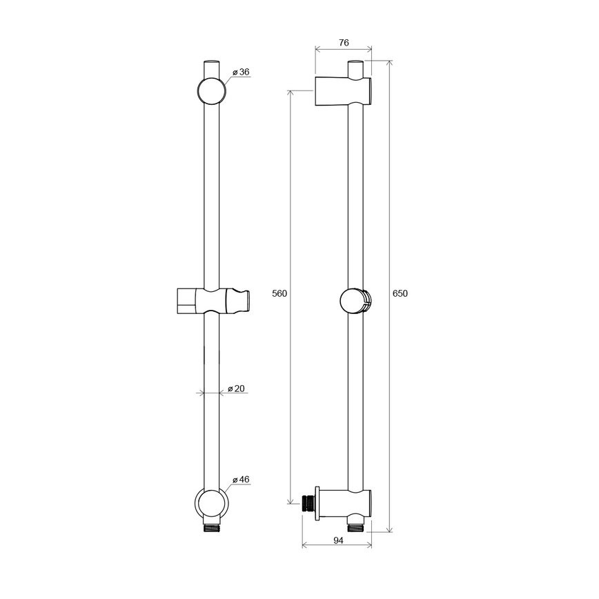 Ravak X07P342 - Bară de duș cu racord pe perete, 65 cm, crom lucios