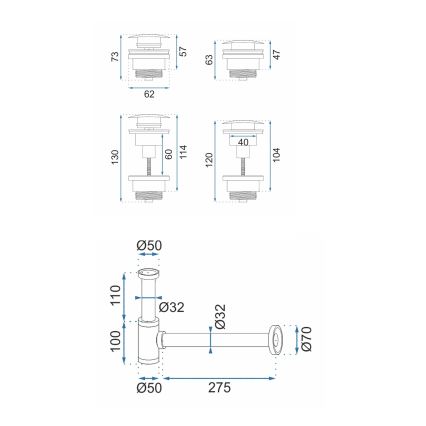 Sifon pentru lavoar REA-A8541, cu ventil CLICK-CLACK, Ø 6,4 cm, aur roz