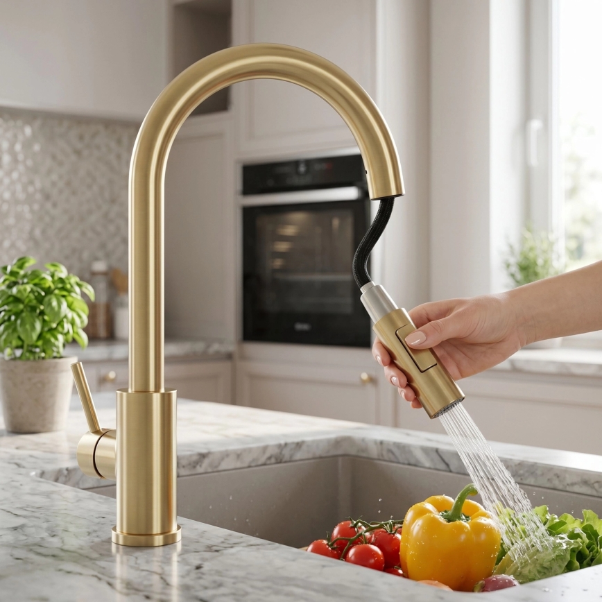REA-B9842 - Baterie pentru chiuvetă cu control tactil FRESH TOUCH, cu duză extractibilă, 37 cm, 4xAA, finisaj auriu periat