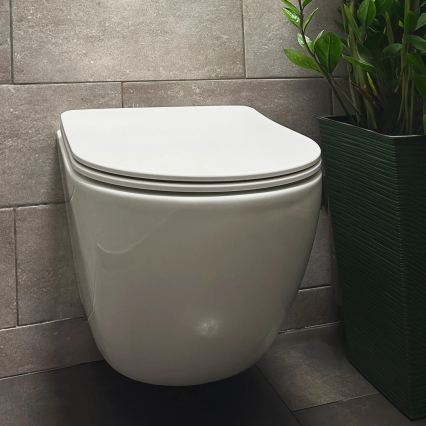 REA-C1259 - Vas WC suspendat cu capac CARLO MINI TORNADO RIMLESS, ceramică/alb lucios